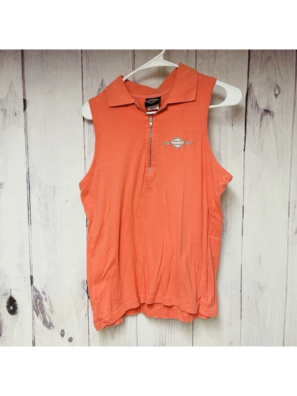 Harley Davidson Orange Shirt Size XL Sleeveless Top Collar Lance's Wellsboro PA